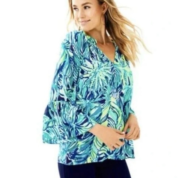 Lilly Pulitzer Matilda Silk Chiffon blouse blue green - Picture 1 of 7
